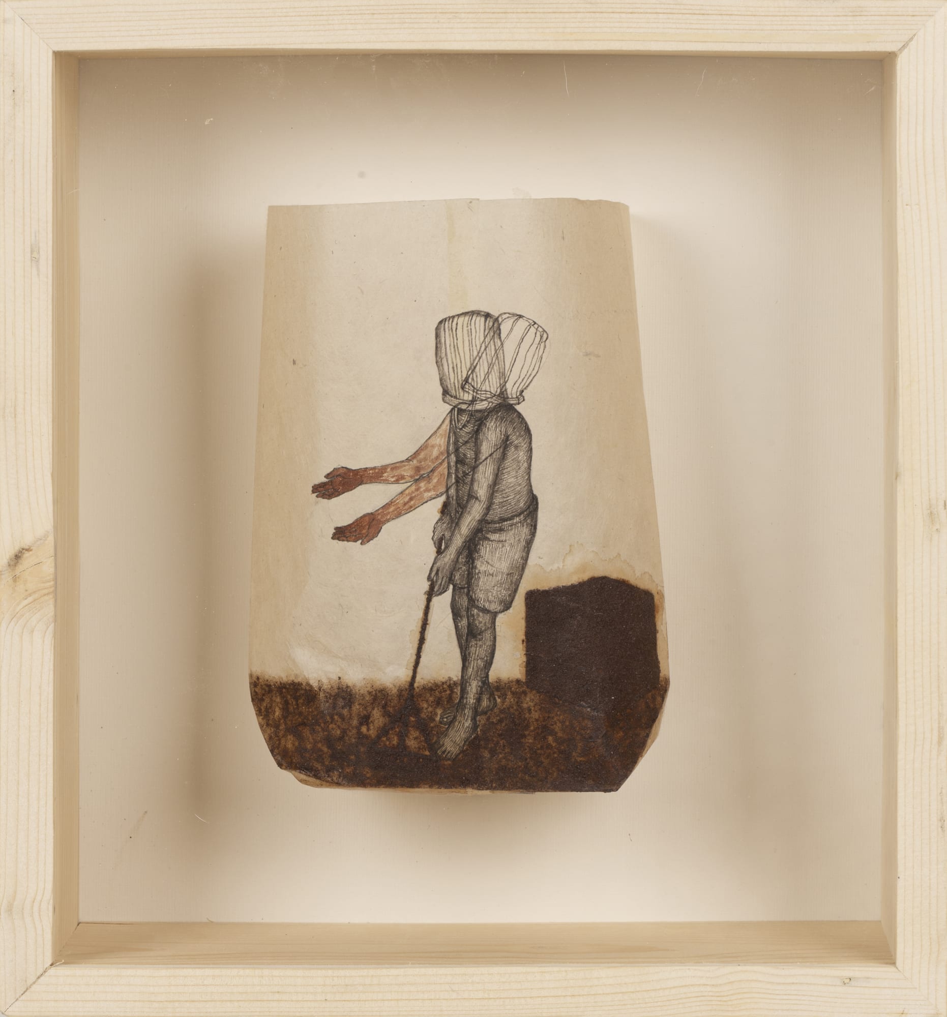 Avijit Dutta (b.1997) Embracing Existence Acrylic and iron dust on Nepalese handmade paper (Paper bag/ ‘Thonga’) F- 8.46 x 5.90 x 2.95 in. Set of 7 works 2024