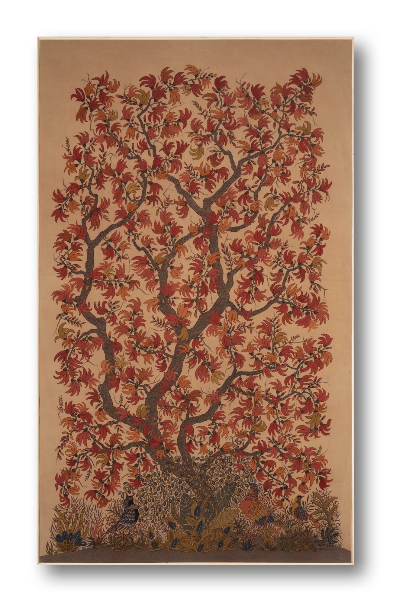 Ajit Kumar Das (b.1957) Spring Hand-painted textile using a bamboo pen, brush and natural dyes derived from pomegranate rind, turmeric, fermented iron solution, indigo, catechu, alizarin, night-flowering jasmine and madder on cotton cloth. Alum is used as a mordant. 73.6 x 43.7 in. 2024