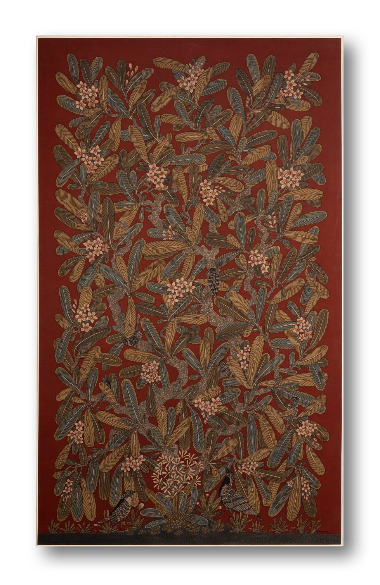 Ajit Kumar Das (b.1957) Courting under a Chapma Tree Hand-painted textile using a bamboo pen, brush and natural dyes derived from pomegranate rind, turmeric, fermented iron solution, indigo, catechu, alizarin, and madder on cotton cloth. Alum is used as a mordant. 78.14 x 47.5 in. 2020