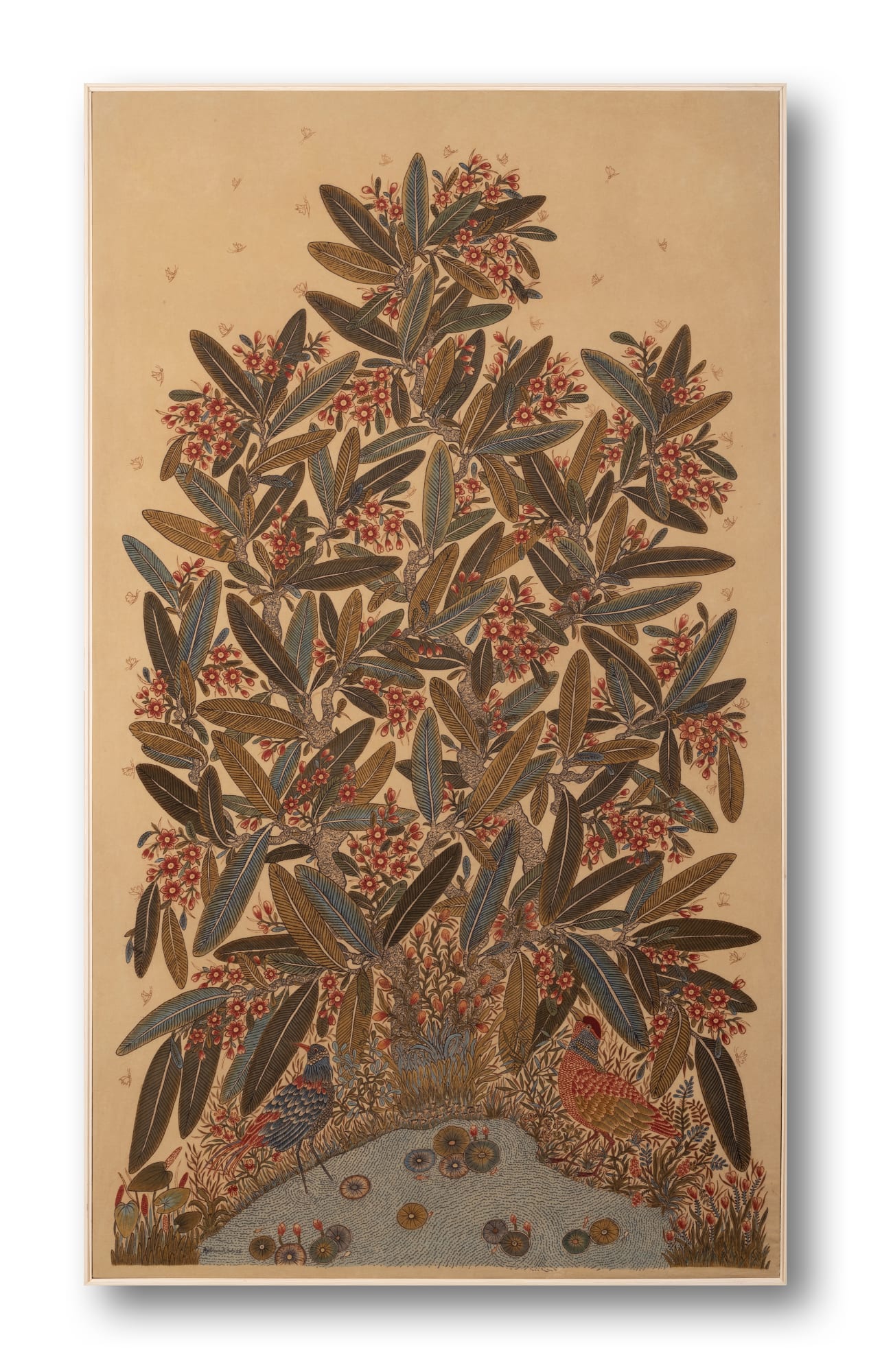 Ajit Kumar Das (b.1957) Meeting by the side of the pond Hand-painted textile using a bamboo pen, brush and natural dyes derived from pomegranate rind, turmeric, fermented iron solution, indigo, catechu, alizarin, and madder on cotton cloth. Alum is used as a mordant. 59.6 x 33.8 in. 2022