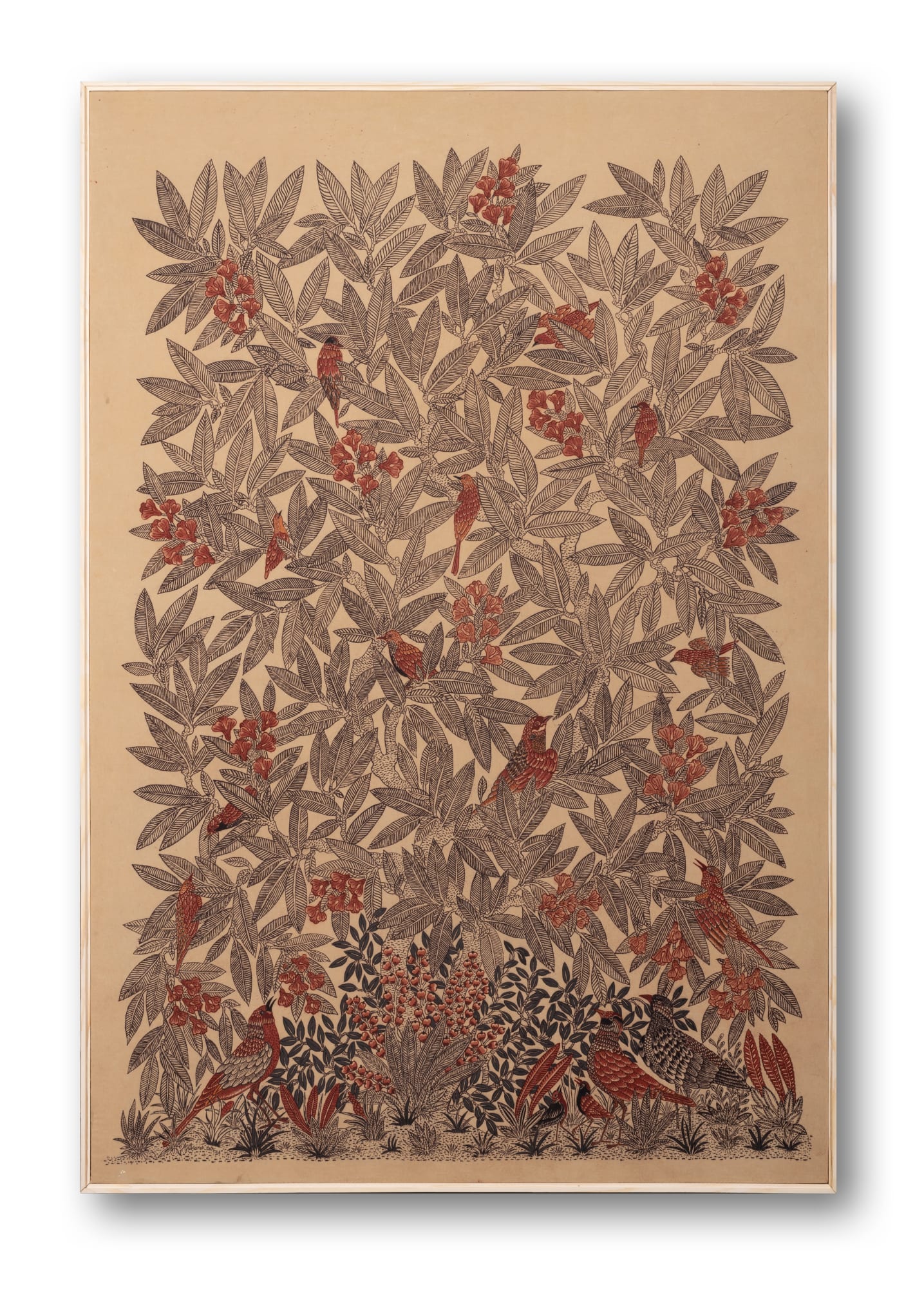 Ajit Kumar Das (b.1957) Whisper of Early Spring Hand-painted textile using a bamboo pen, brush and natural dyes derived from fermented iron solution, and madder on cotton cloth. Alum is used as a mordant. 46.65 x 18.36 in. 2024