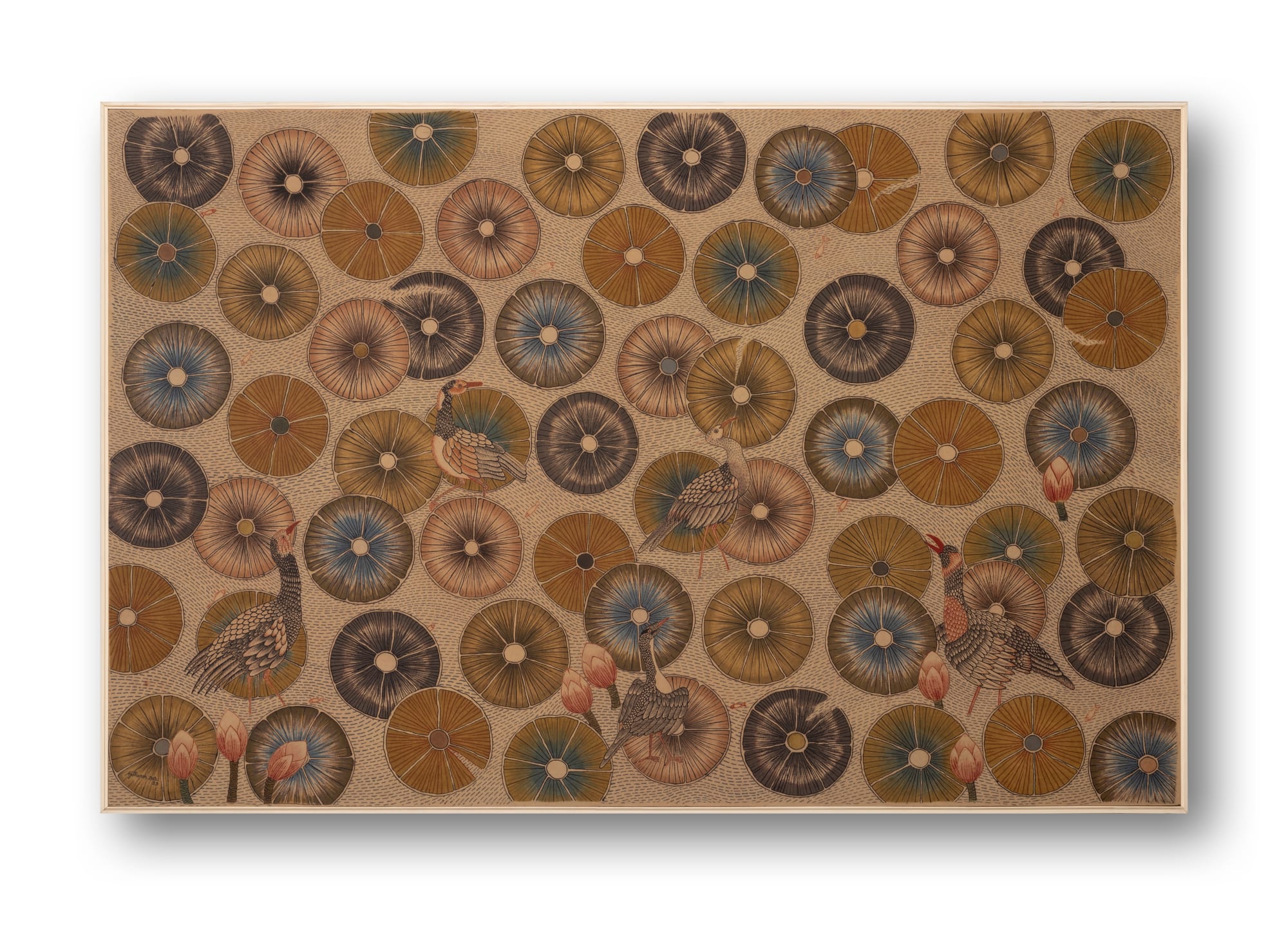 Ajit Kumar Das (b.1957) Lotus Pond Hand-painted textile using a bamboo pen, brush and natural dyes derived from pomegranate rind, turmeric, fermented iron solution, indigo, catechu, alizarin, and madder on cotton cloth. Alum is used as a mordant. 36.6 x 56.1 in. 2023