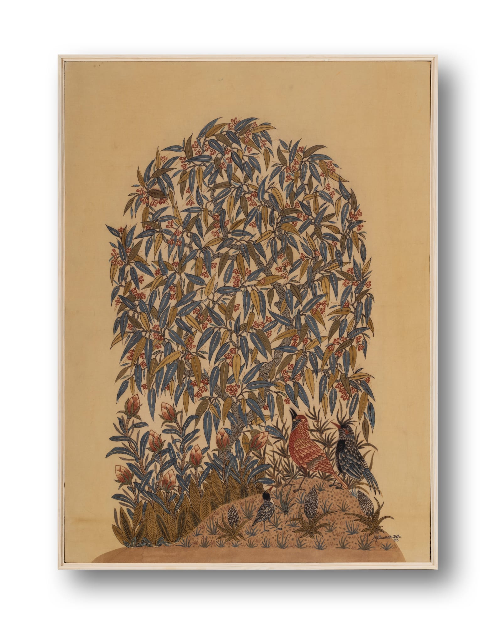 Ajit Kumar Das (b.1957) Songs of Nature I Hand-painted textile using a bamboo pen, brush and natural dyes derived from pomegranate rind, turmeric, fermented iron solution, indigo, catechu, alizarin, and madder on cotton cloth. Alum is used as a mordant. 27.16 x 19.68 in. (69 x 50 cm.) 2023