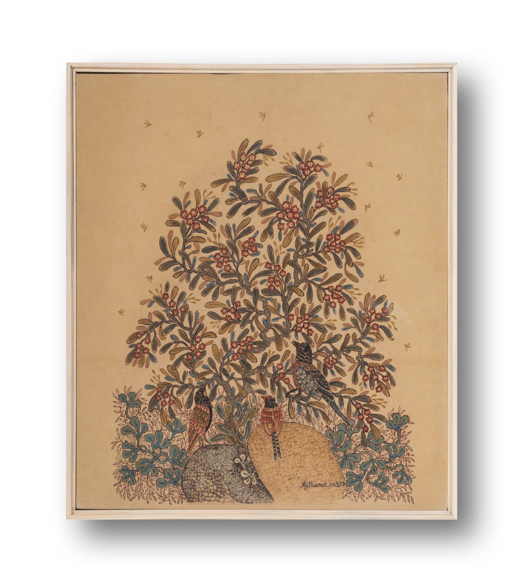 Ajit Kumar Das (b.1957) Humming Summer I Hand-painted textile using a bamboo pen, brush and natural dyes derived from pomegranate rind, turmeric, fermented iron solution, indigo, catechu, alizarin, and madder on cotton cloth. Alum is used as a mordant. 16.14 x 13.77 in. 2023