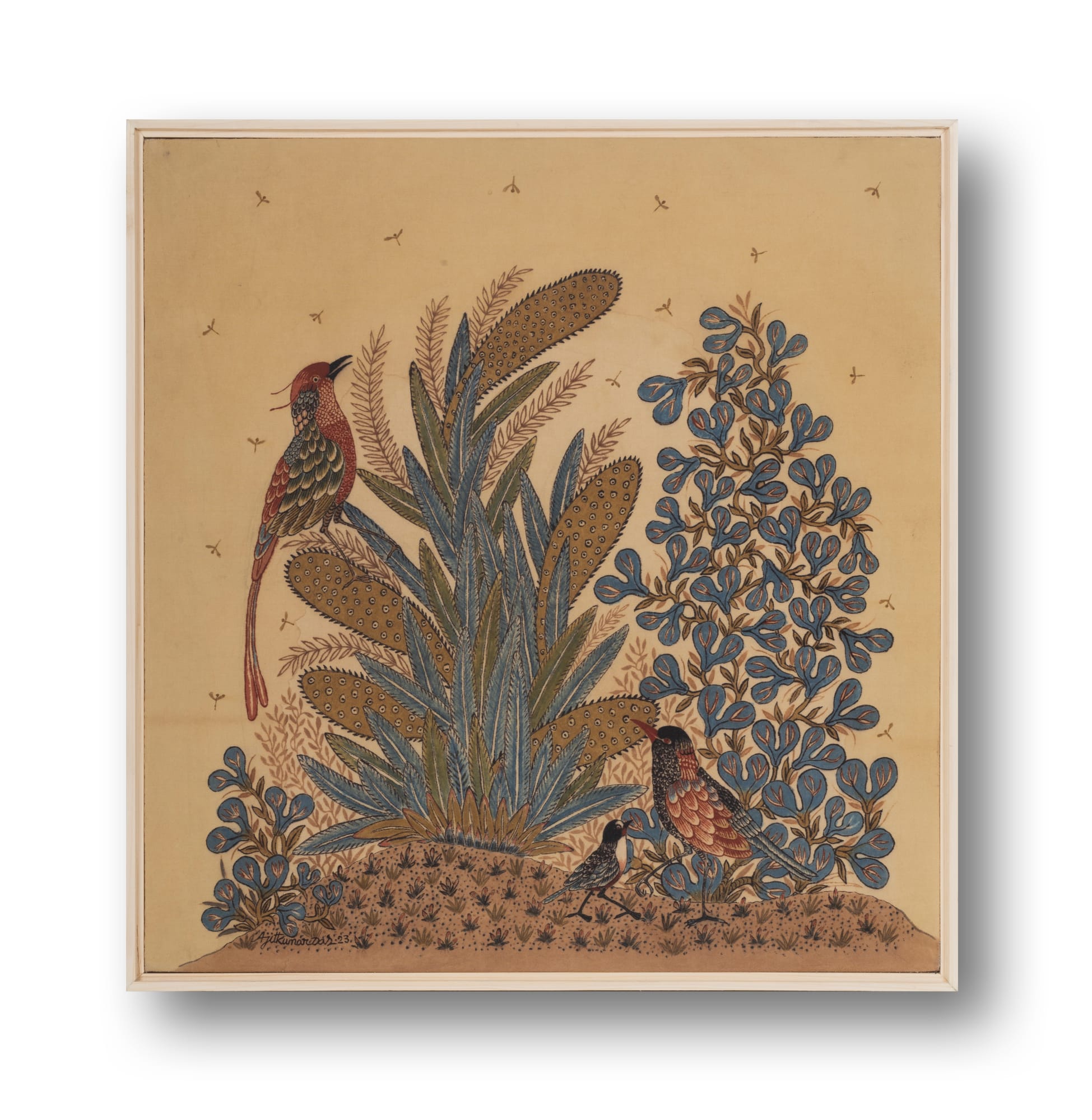 Ajit Kumar Das (b.1957) Humming Summer II Hand-painted textile using a bamboo pen, brush and natural dyes derived from pomegranate rind, turmeric, fermented iron solution, indigo, catechu, alizarin, and madder on cotton cloth. Alum is used as a mordant. 16.5 x 15.7 in. (42 x 40 cm.) 2023