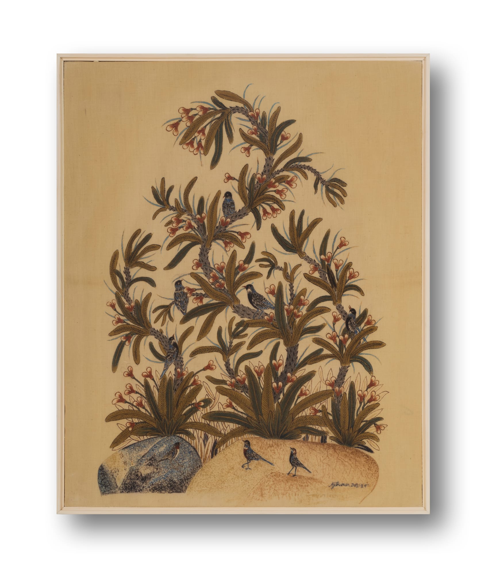 Ajit Kumar Das (b.1957) Songs of Nature II Hand-painted textile using a bamboo pen, brush and natural dyes derived from pomegranate rind, turmeric, fermented iron solution, indigo, catechu, alizarin, and madder on cotton cloth. Alum is used as a mordant. 22.6 x 18.3 in. 2024