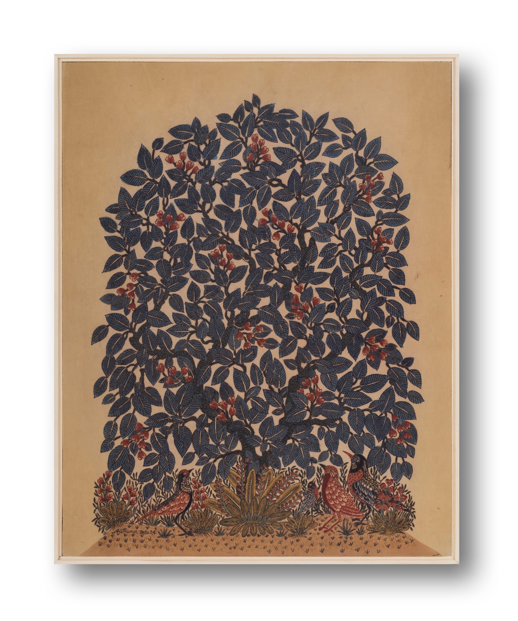 Ajit Kumar Das (b.1957) Songs of Nature IV Hand-painted textile using a bamboo pen, brush and natural dyes derived from indigo, fermented iron solution, catechu, alizarin, and madder on cotton cloth. Alum is used as a mordant. 22.6 x 17.7 in. 2024