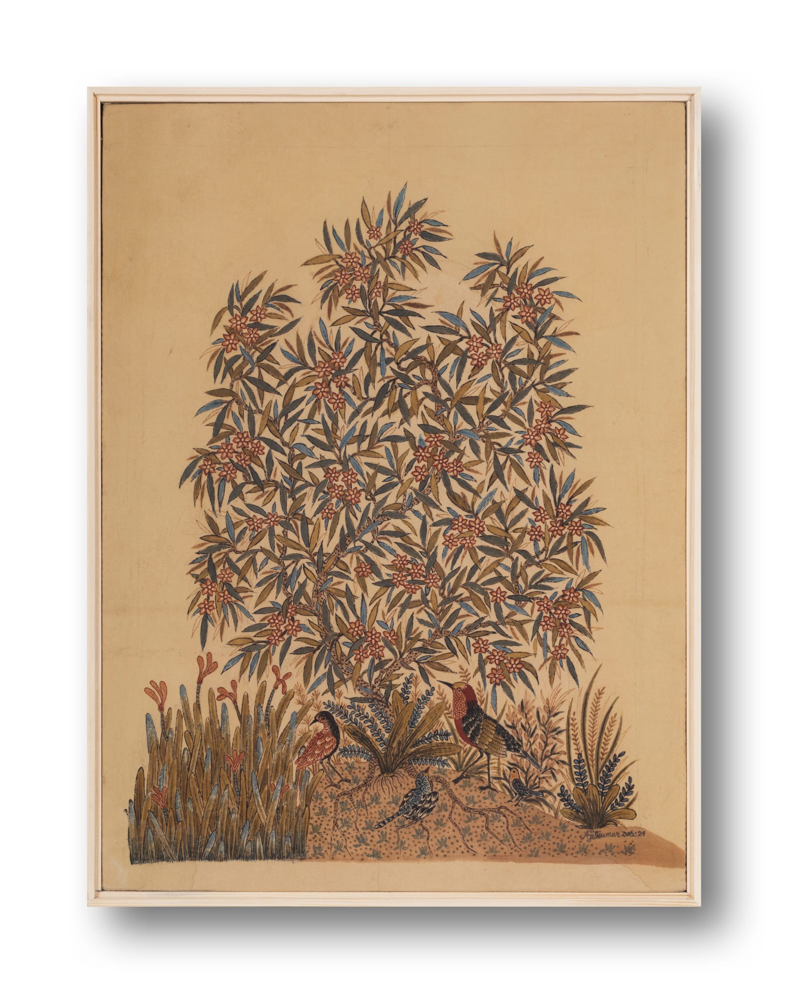 Ajit Kumar Das (b.1957) Songs of Nature V Hand-painted textile using a bamboo pen, brush and natural dyes derived from pomegranate rind, turmeric, fermented iron solution, indigo, catechu, alizarin, and madder on cotton cloth. Alum is used as a mordant. 20.07 x 14.76 in. (51 x 37.5 cm.) 2024