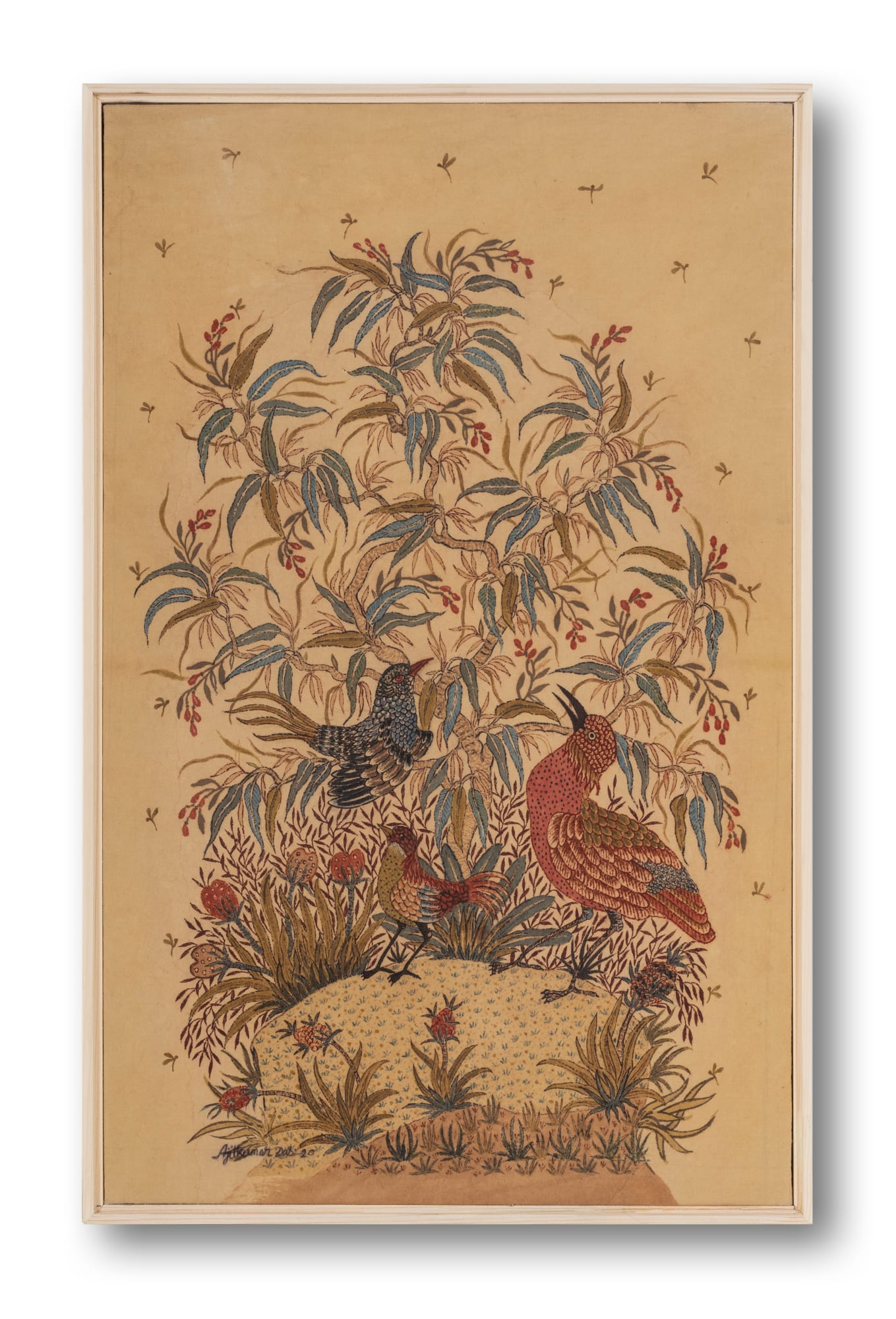 Ajit Kumar Das (b.1957) Humming Summer IV Hand-painted textile using brush and natural dyes derived from pomegranate rind, turmeric, indigo, catechu, alizarin, and madder on cotton cloth. Alum is used as a mordant. 21.06 x 13.18 in. 2020