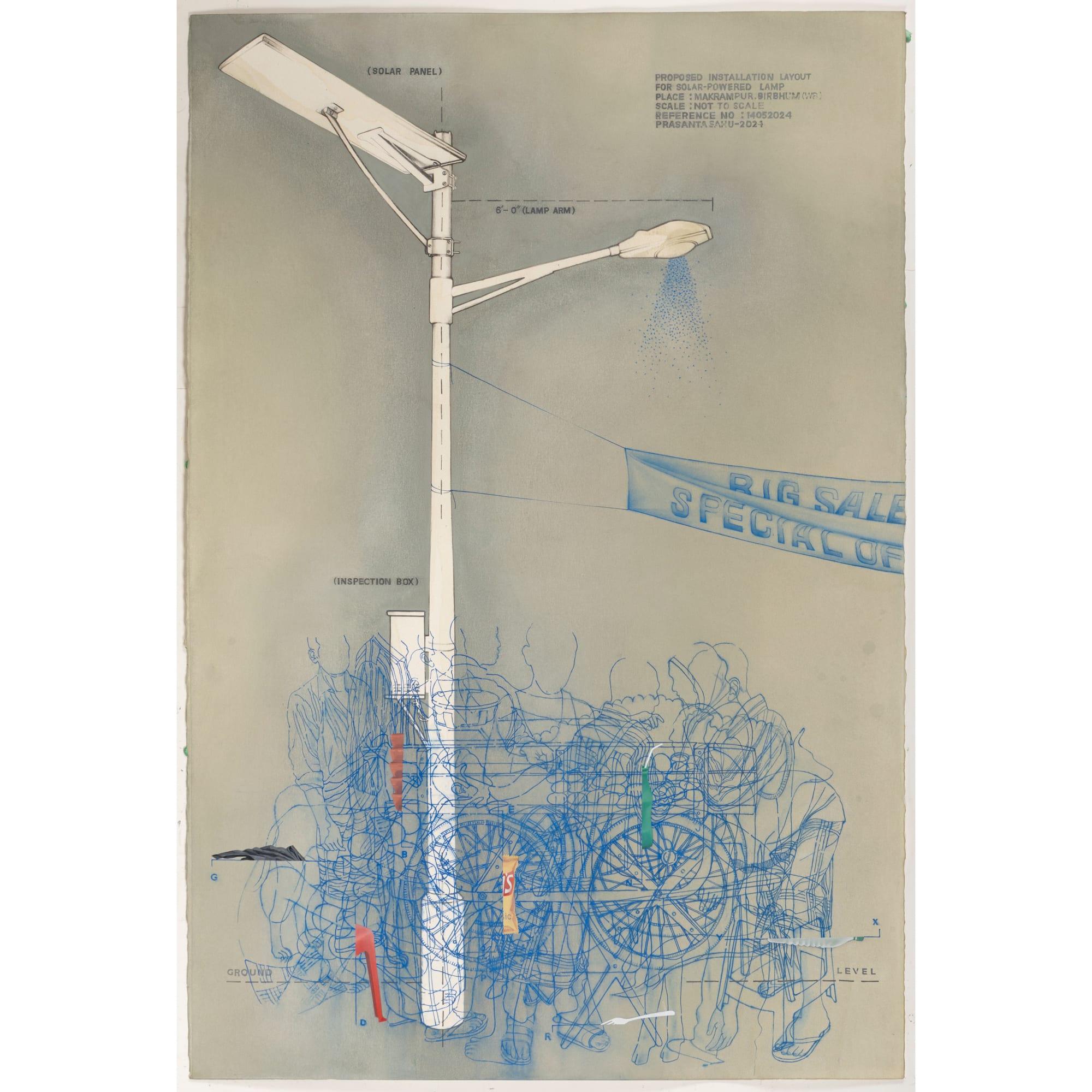 Prasanta Sahu (b.1968) Elements I Forgot to Add While Designing a Solar Lamp in Our Locality Acrylic on acid-free paper 59 3/4 x 40 1/4 in. 2024