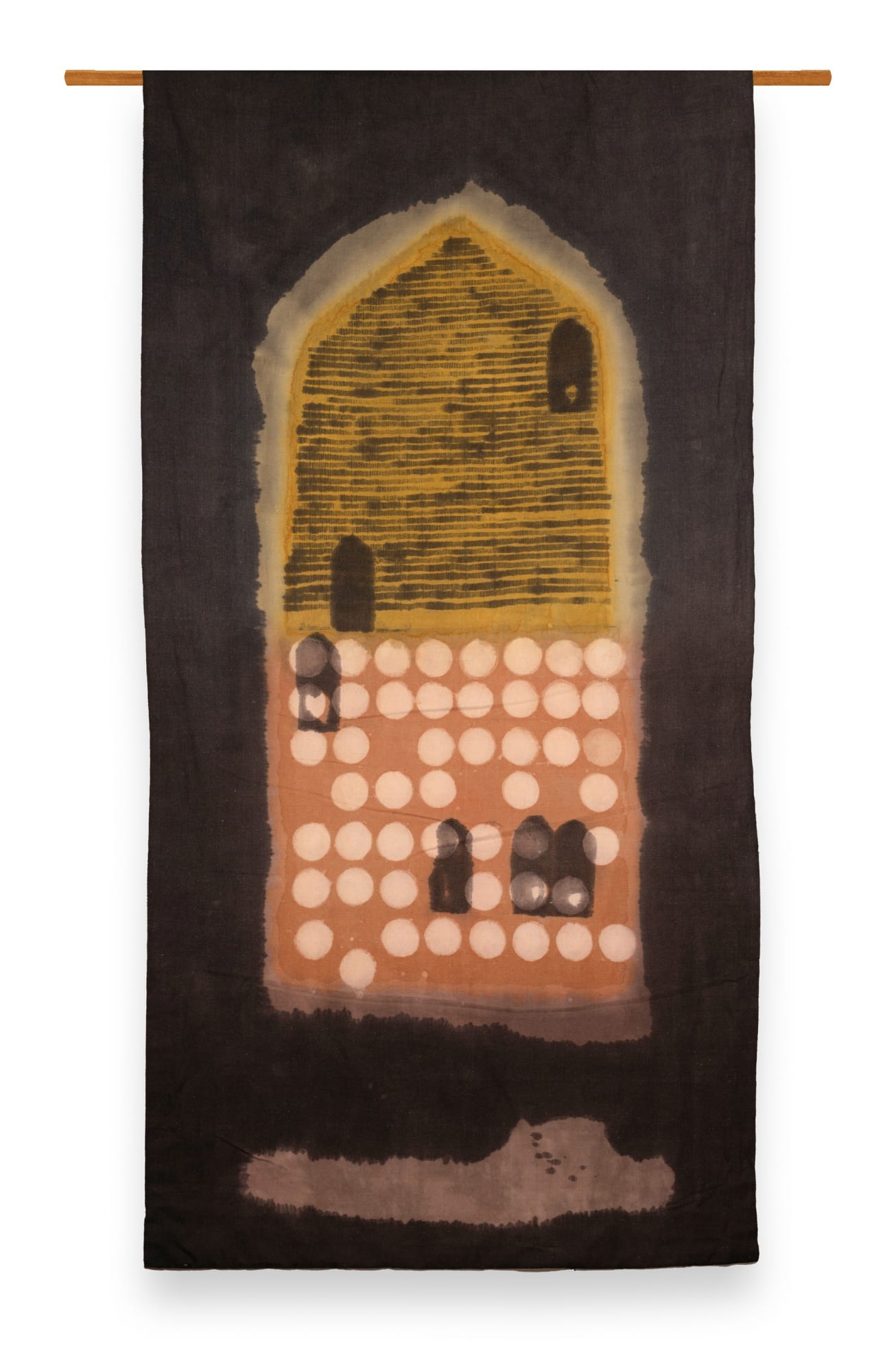 Ujjal Dey (b.1992) Offering to Surya II (Offering to Surya series) Myrobalan, kalamkari ink, lime resist, alum, turmeric, and madder on cotton cloth 91.3 x 47.24 in. (232 x 120 cm.) 2024, Santiniketan