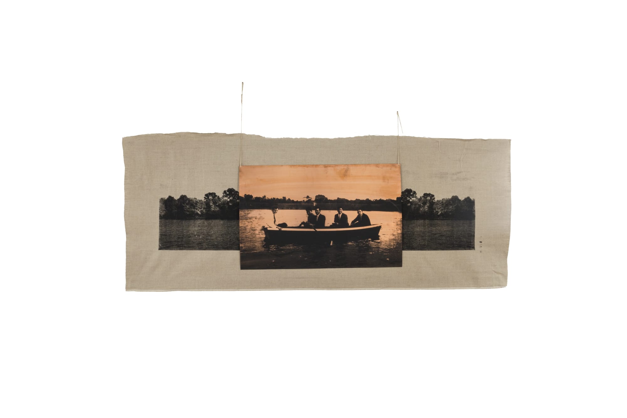 Ties in the Boat on the Lake | رجال في قارب في البحيره 2015 Silkscreen Ink on Canvas and Copper | حبر من الحرير على قماش ونحاس 166 x 68 cm