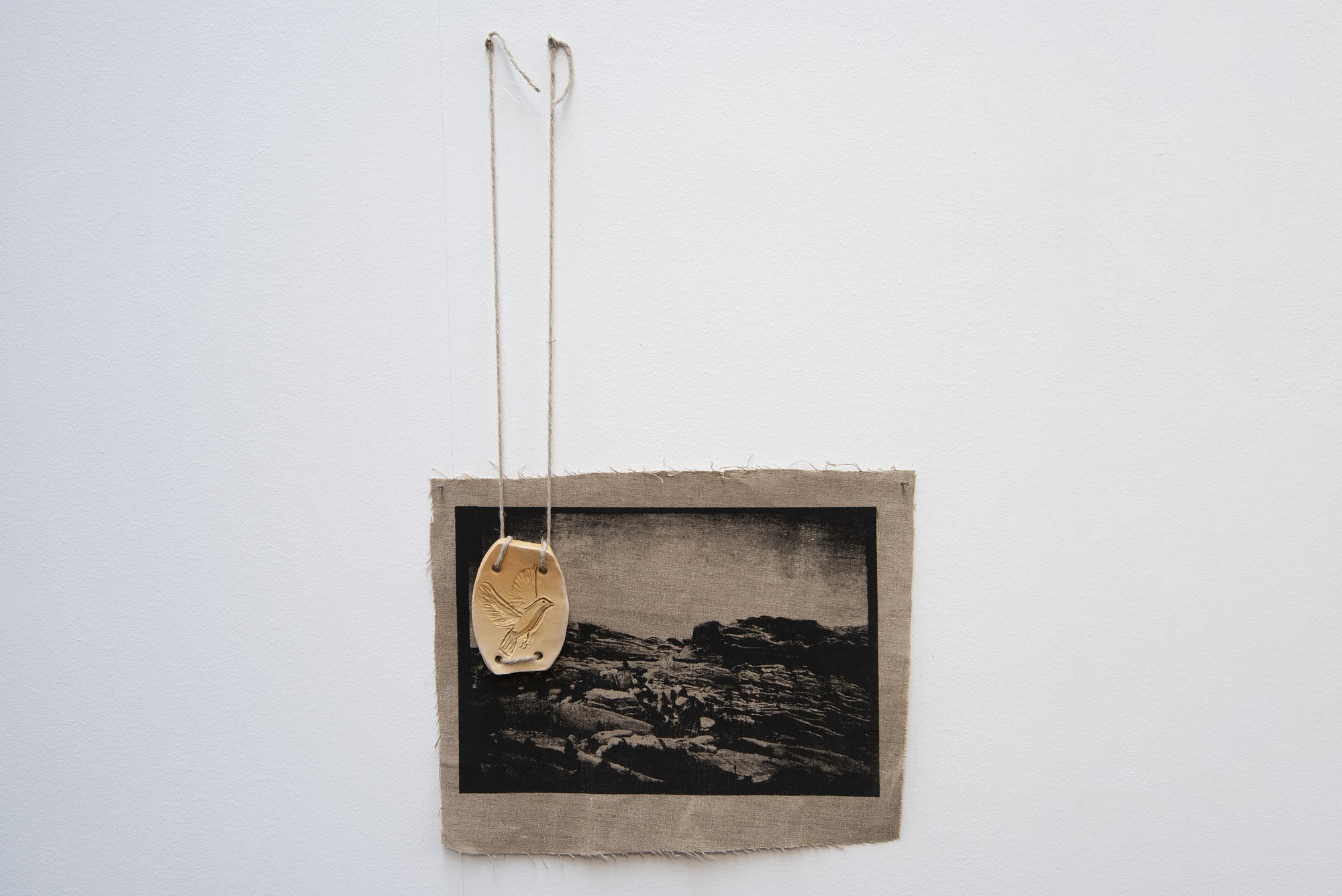 MOUNTAIN I 2023 SILKSCREEN INK ON CANVAS, CLAY TILE, ROPE 66 X 38 X 1 CM