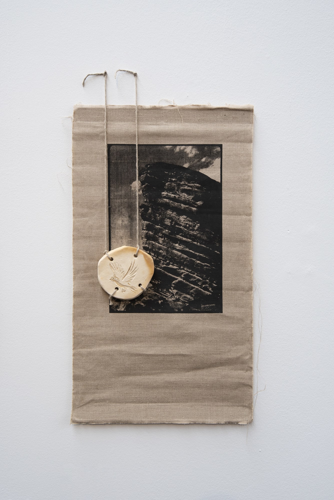 MOUNTAIN II 2023 SILKSCREEN INK ON CANVAS, CLAY TILE, ROPE 73 X 38 X 1 CM