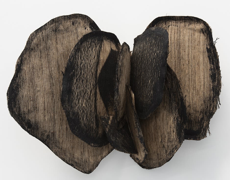 THE PAST DREAMS OF THE FUTURE V | احلام الماضي للمستقبل ٥ 2022 TUSSAR SILK, SILKSCREEN INK, ACRYLIC PAINT | حرير توسار، حبر حريري، طلاء أكريليك، طين 48 X 64 X 21 CM