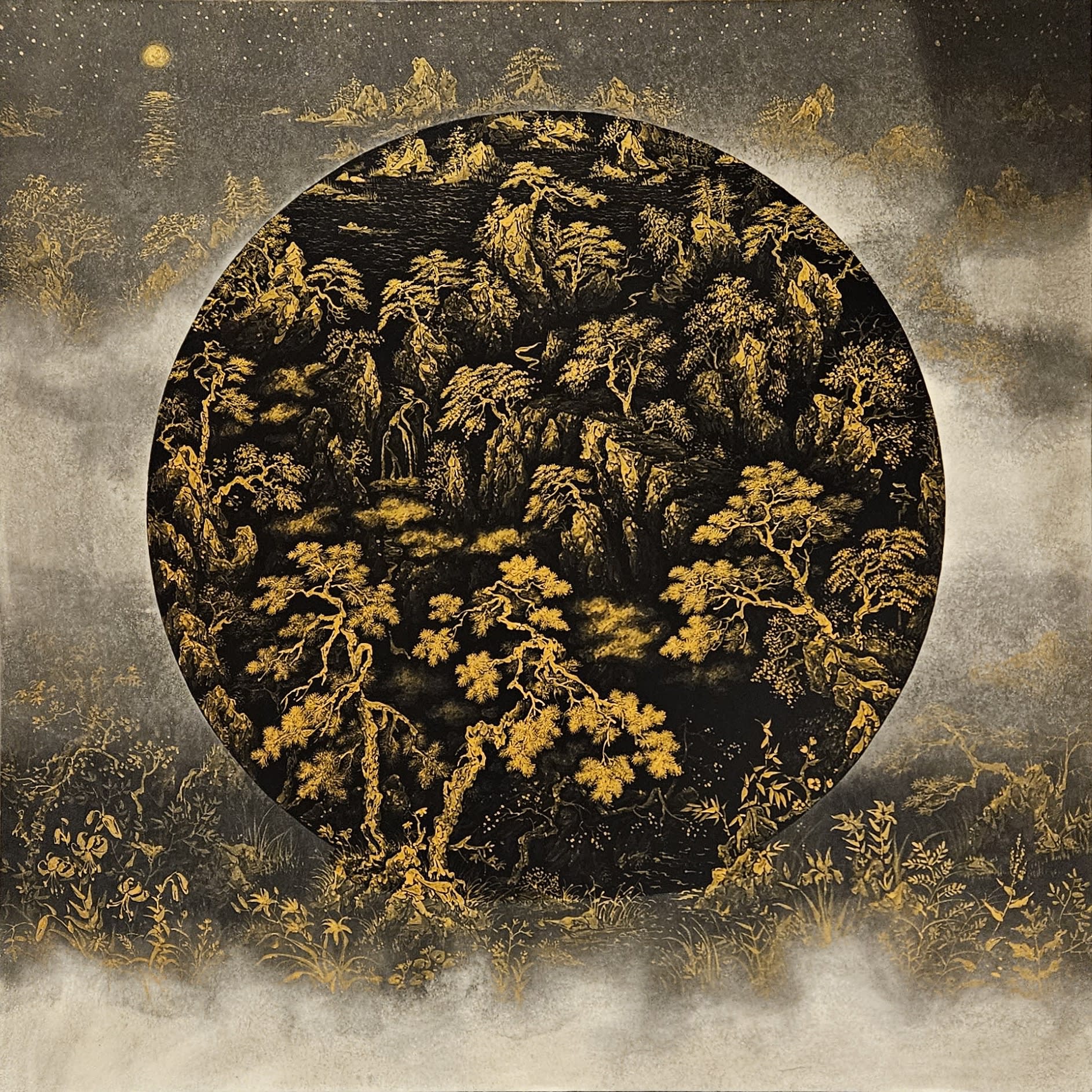 Jo Jong Sung Landscape seen from a moving perspective 2023 Ink, Pigment on Korean Paper 90 x 90 cm $11,000 USD