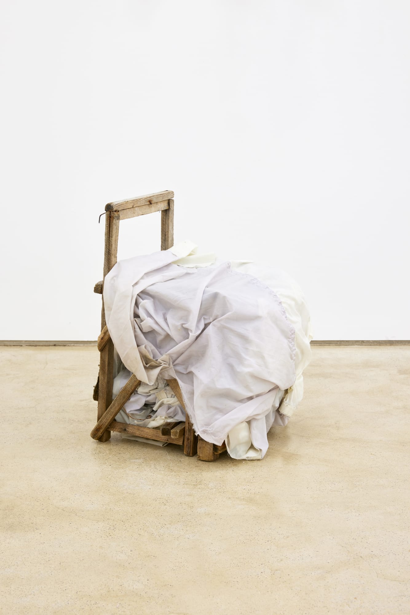 Sequence 2, oil on resuscitated north korean canvas, 57x60cm/North Korean Ghost Ship Chair with swaddled Japanese fishing parachute from Sada island Japan, 66Hx40Lx37Wcm, 2021