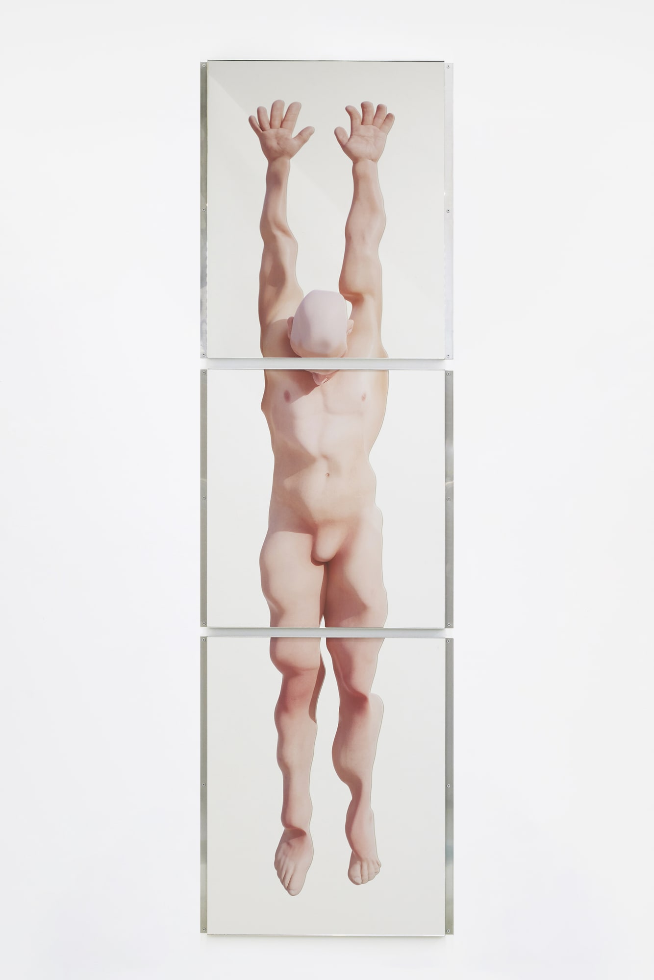 반영적 신체 #2는 실재를 비출 수 있을지 모른다 The reflective body may project reality #2, stainless steel, printed mirror, 215x64x3.1cm, 2024