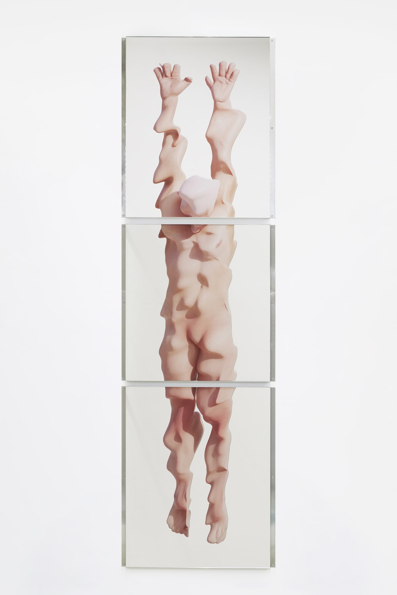 반영적 신체 #3은 실재를 비출 수 있을지 모른다 The reflective body may project reality #3, stainless steel, printed mirror, 215x64x3.1cm, 2024