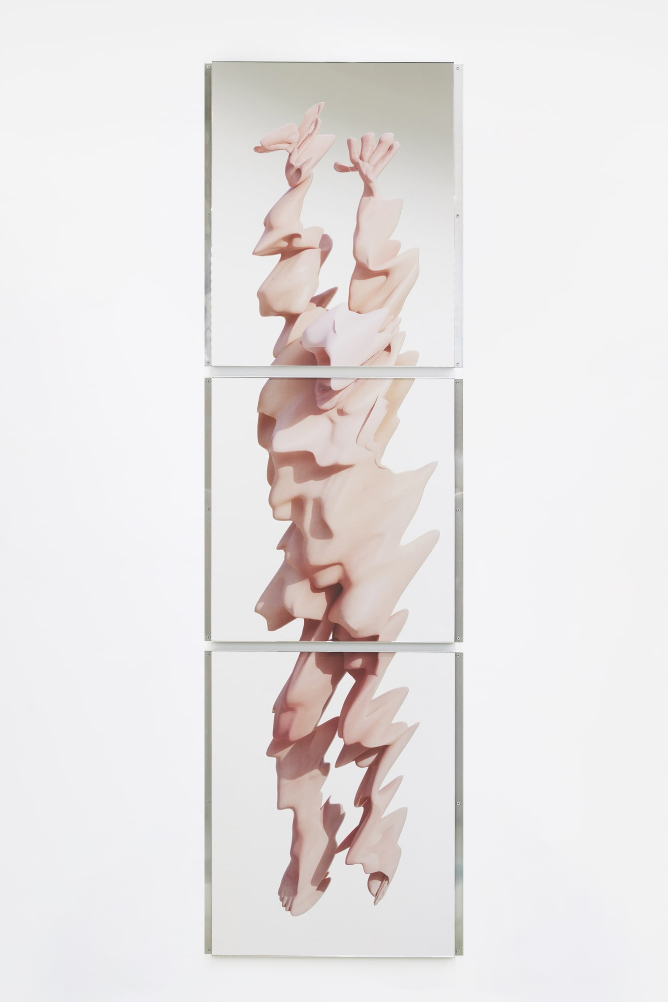반영적 신체 #4는 실재를 비출 수 있을지 모른다 The reflective body may project reality #4, stainless steel, printed mirror, 215x64x3.1cm, 2024