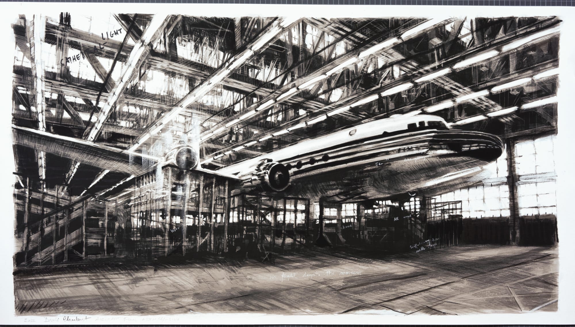 다비드 클라어바우트 David Claerbout Aircraft set image (In flight despite the museum), 2022 Pencil, watercolor and China ink on Fine Art inkjet print on Hahnemühle etching paper 61 x 110,5 cm (24 x 43 1/2 in) (unframed) 81,5 x 131 x 4 cm (32 1/8 x 51 5/8 x 1 5/8 in) (framed) (DC 085)
