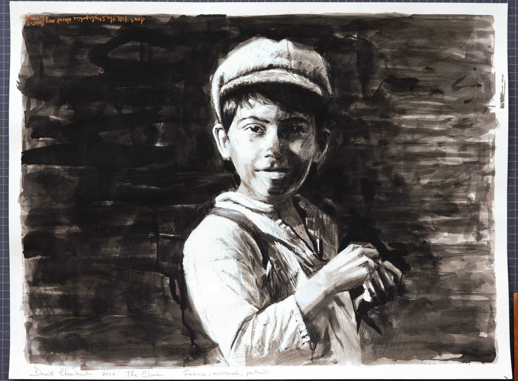 다비드 클라어바우트 David Claerbout The Close preparatory drawing (Fabrics, materials, portrait), 2022 China ink, acrylic on aquarelle paper 46 x 61 cm (18 1/8 x 24 in) (unframed) 62,5 x 77,5 x 4 cm (24 5/8 x 30 1/2 x 1 5/8 in) (framed) (DC 088)