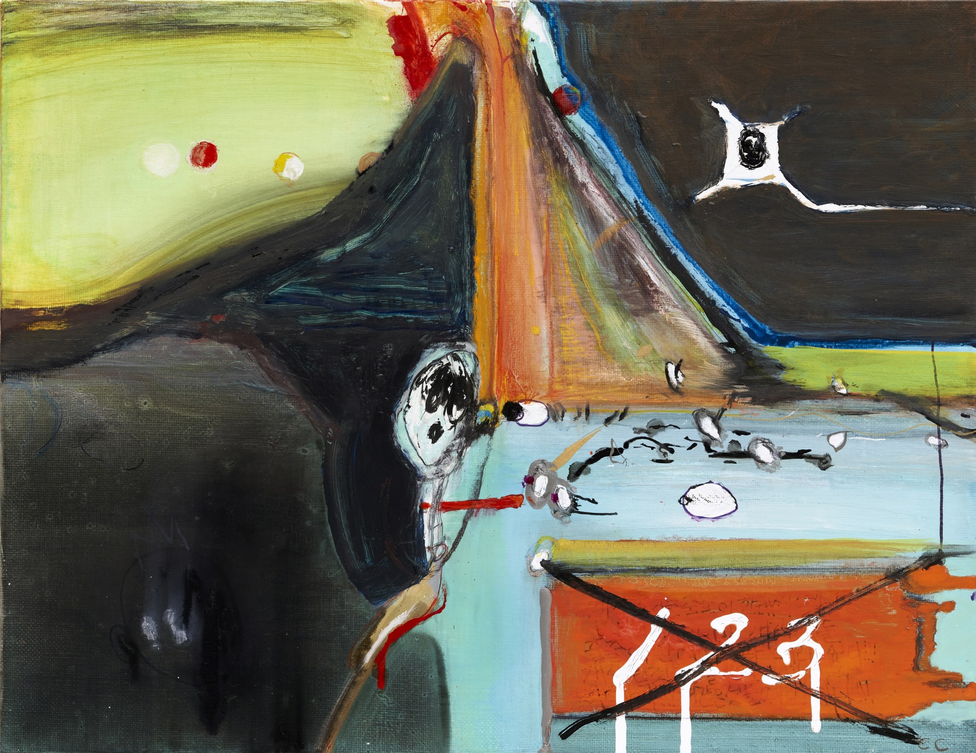 Winter Monsters, oil, acrylic, animation paint, fabric ink, nail polish, paint marker on canvas, 31.8x40.9cm, 2025