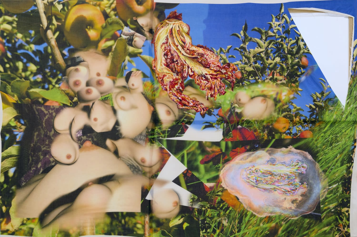 오가영 Kai Oh, 올랭피아 Olympia, 코튼 실크에 디지털 프린트, 아크릴, 젯소, 캔버스, 나무 digital print and acrylic on cotton silk, gesso, canvas, wood, 152.4×228.6cm, 2025