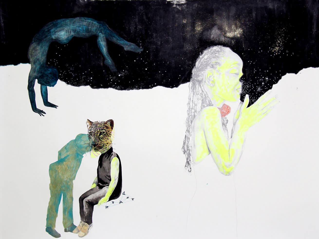 ruby onyinyechi amanze Midnight and the Loving Spy 2015 Ink, photo transfers, fluorescent acrylic, graphite, birchwood 96.5 x 127cm