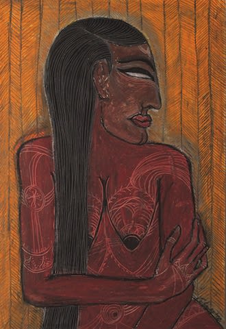 Manuela Sambo Sitzende Frau vor gelber Wand 2012 Oil stick on paper 70 x 50cm