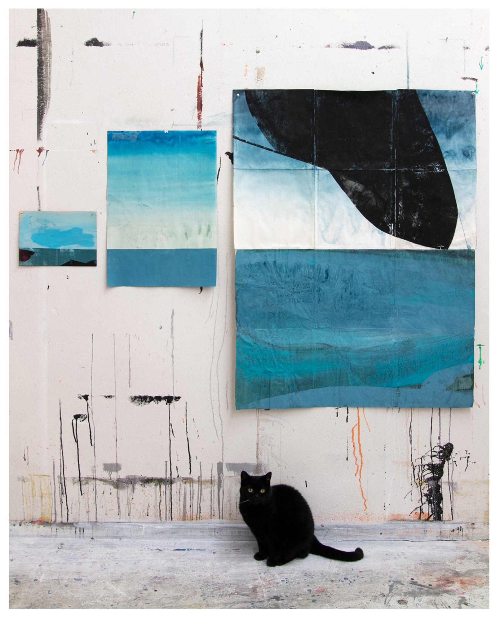 02/13/19 Bleed I-III Ink, watercolor and acrylics on found paper, triptych, 2019 122 x 201 cm