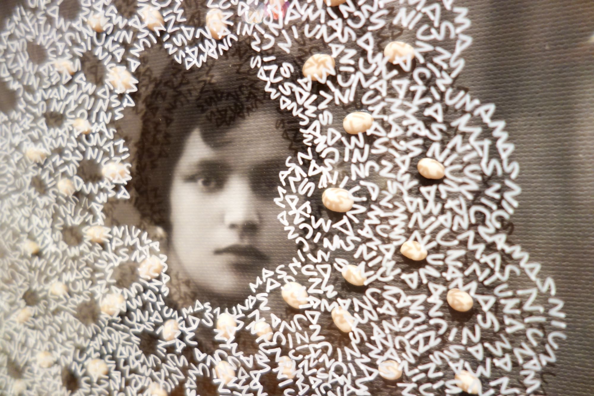 Lady with black dress, 2016 [DETAIL] enamel paint on plexiglass, modelling compound on print