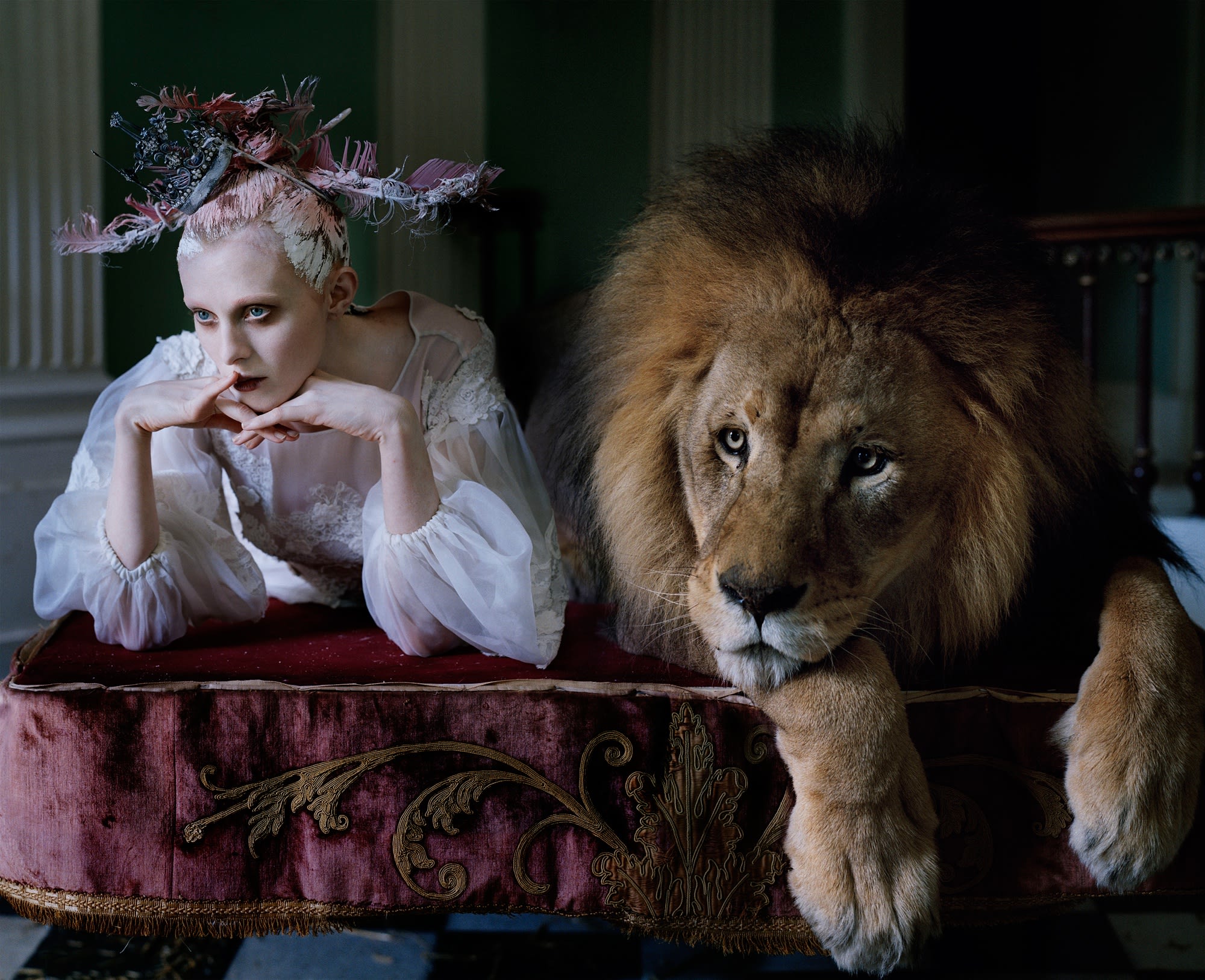 Tim Walker, Karen Elson & ‘Atlas’ the Lion on posing table, Shotover House, Oxfordshire 2013