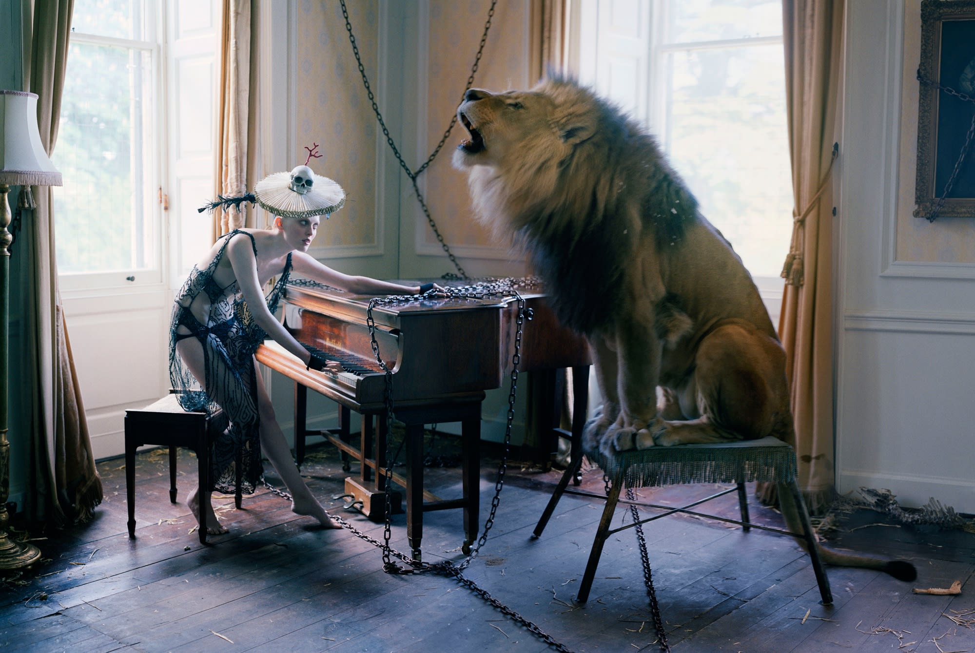 Tim Walker, Karen Elson at piano with singing Lion, Shotover House, Oxfordshire 2013