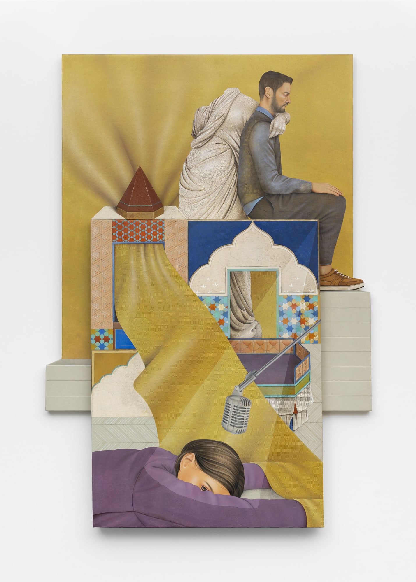 Arghavan Khosravi The Yellow Sky, 2020 Acrylic on canvas and found textile over shaped wood panel, wood cutout 93 x 64 x 5 cm. 36 x 25 x 2 in.