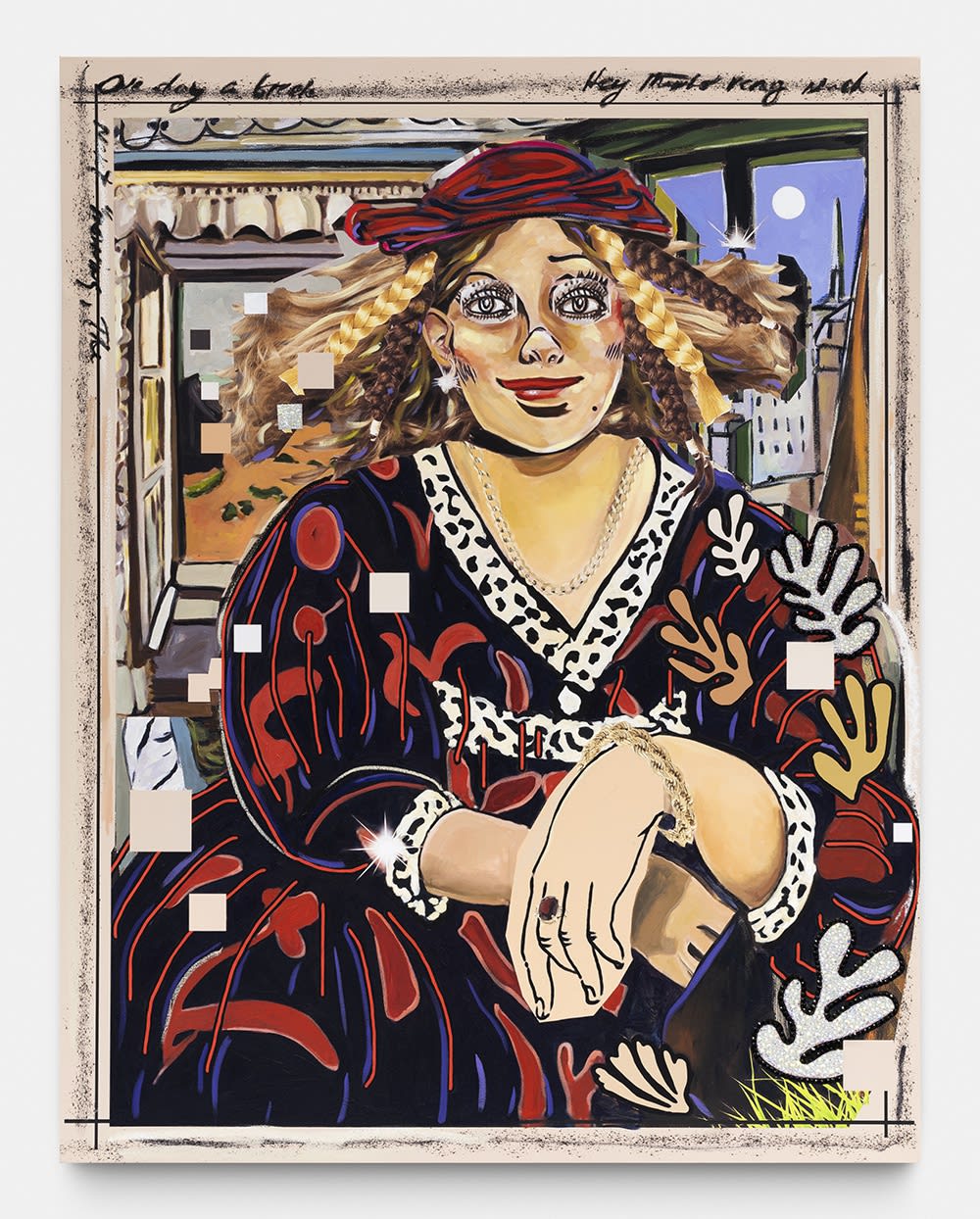 Allison Zuckerman Step Wife, 2021 Oil, Acrylic, Archival CMYK ink, and Rhinestones 160 x 124 cm. 63 x 49 in.