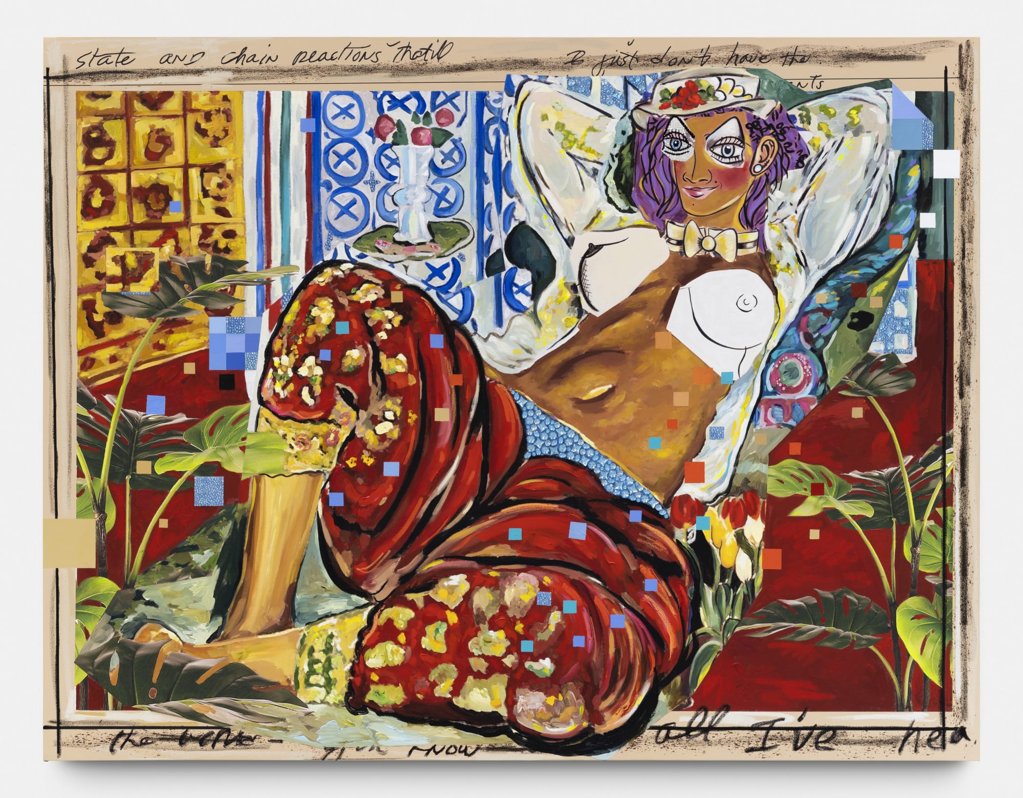Allison Zuckerman Red Repose, 2021 Oil, Acrylic, Archival CMYK ink, and Rhinestones 213 x 165 cm. 84 x 65 in.