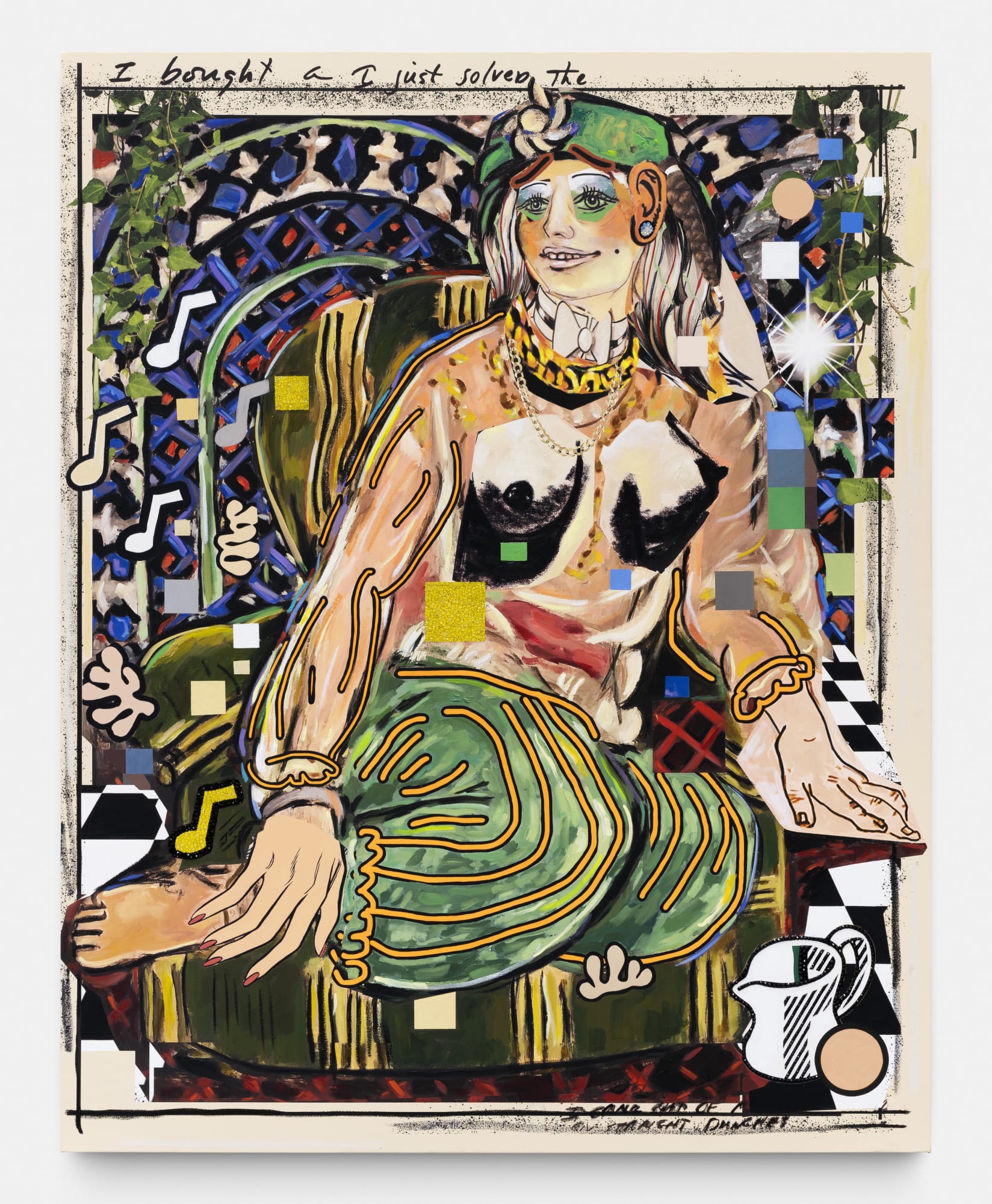 Allison Zuckerman Floored, 2021 Oil, Acrylic, Archival CMYK ink, and Rhinestones 183 x 145 cm. 72 x 57 in.