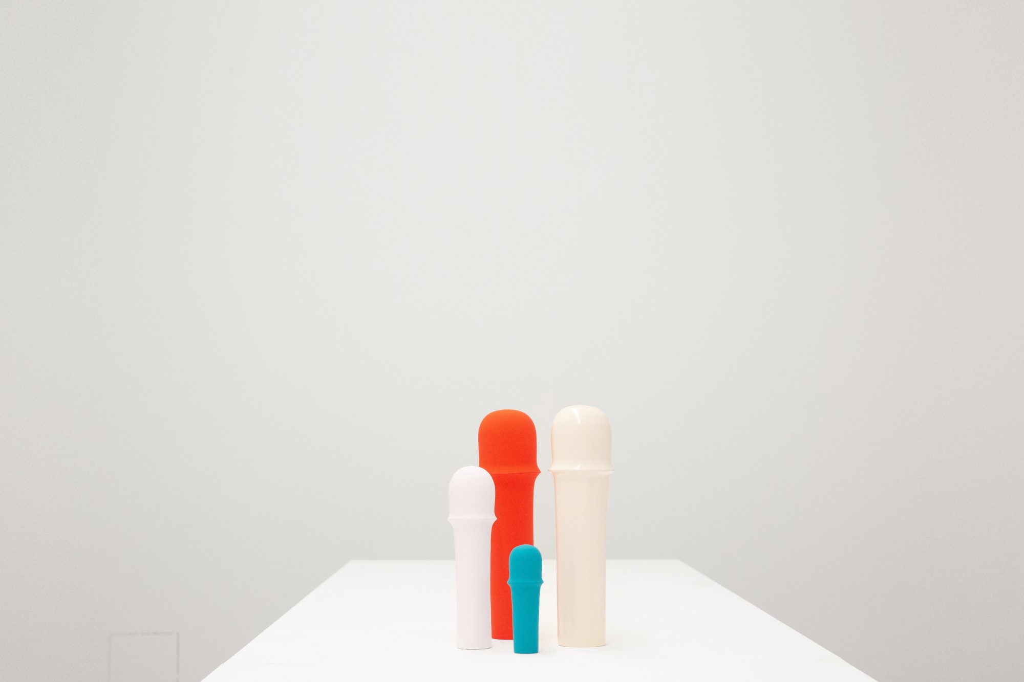 MarieVic TOTEM, 2023 Ceramic Matt Red: height 35 cm. height 14 in. Glossy Cream: height 35 cm. height 14 in. Glossy Pink: height 25 cm. height 10 in. Cyan Matt: height 15 cm. height 6 in.
