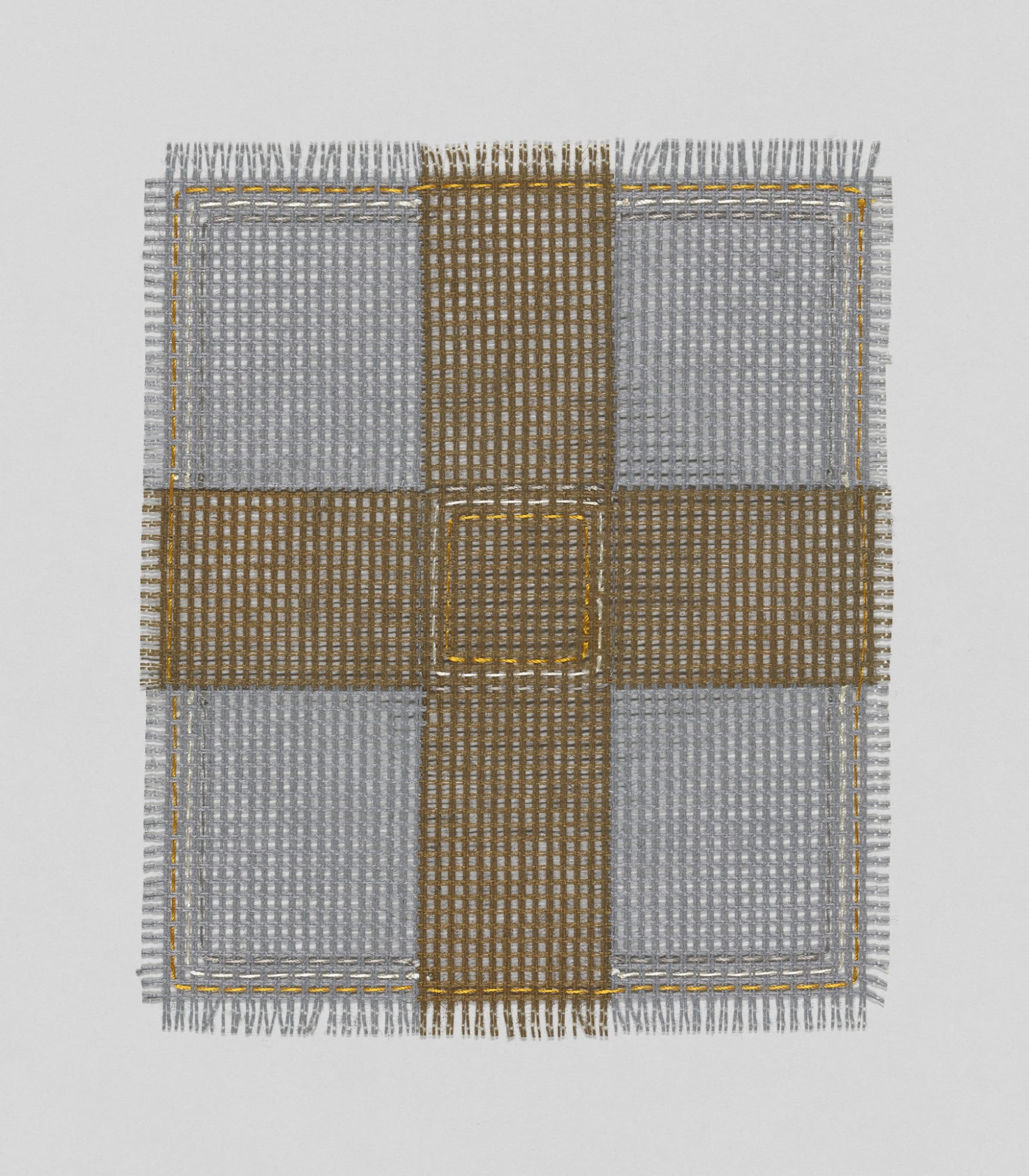 Elaine Reichek Silver & Gold, 1976 Spray-painted crewel mesh, thread, sandwiched between Plexiglas 9 units (originally 10), each approx. 6.5 x 5.5 in. (16.5 x 14 cm) View addional works by ELaine Reichek at the Whitney below. Whitney Museum of American Art, New York