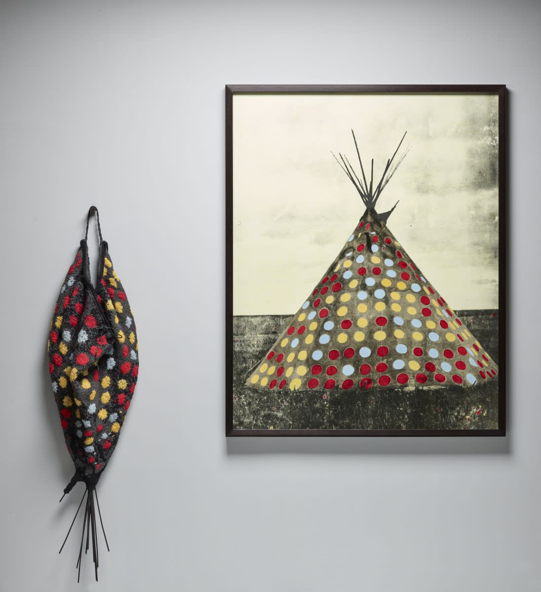 Elaine Reichek Painted Blackfoot with Polka Dots 1990 Knitted wool yarn and oil on gelatin silver print Framed dimensions: 58 1/2 × 46 5/8 × 1 3/4 in.; Knitted component: 58 1/2 × 20 1/4 × 4 in. Dallas Museum of Art