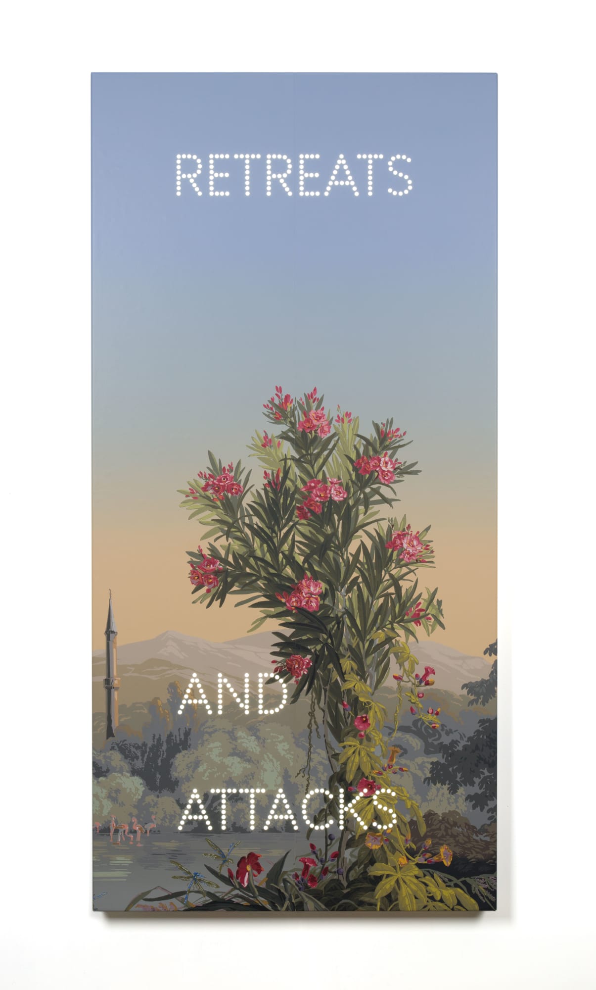 Nathan Coley Retreats and Attacks 2024 Handprinted Zuber wallpaper, aluminium Lightbox with LED 184 x 89 x 8 cm (SNC24014)