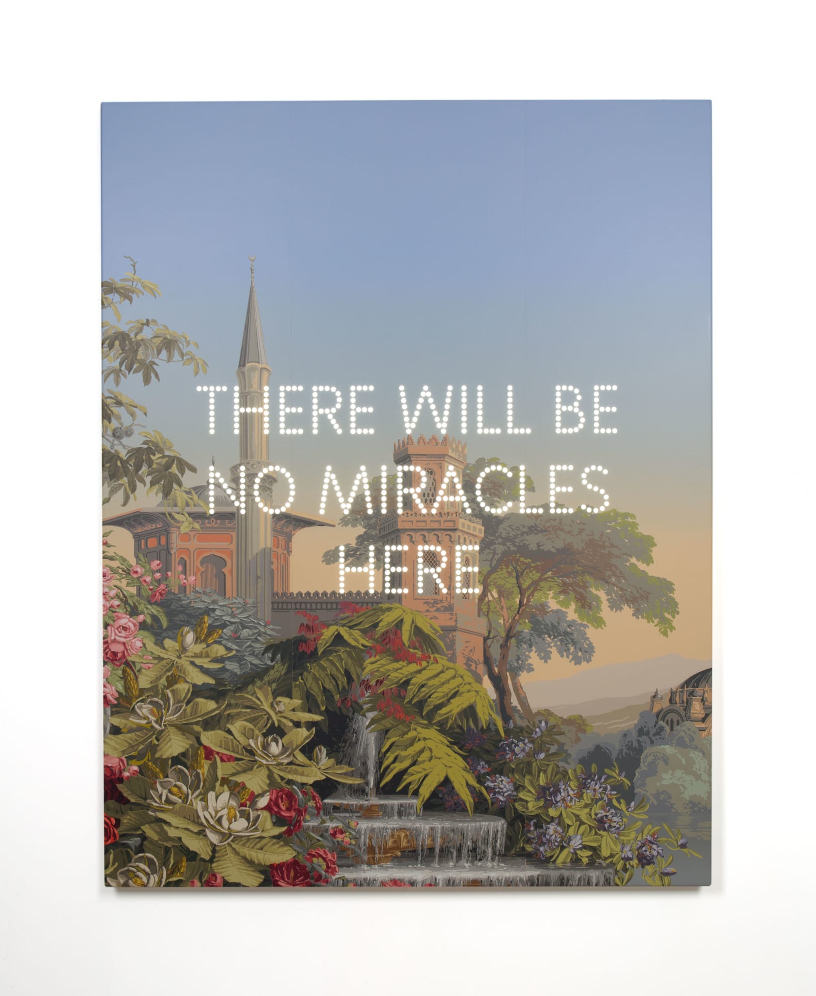 Nathan Coley There Will Be No Miracles Here 2024 Handprinted Zuber wallpaper, aluminium Lightbox with LED 184 x 142 x 8 cm (SNC24011)