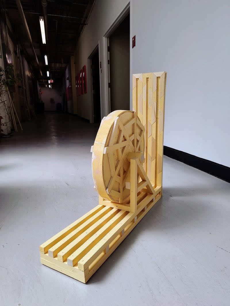 Gavin Fahey A Spinning Wheel for Diana Oughton, 2022 Oil portrait of Diana Oughton on board, latex paint, wood. 35 x 30 x 8 in.