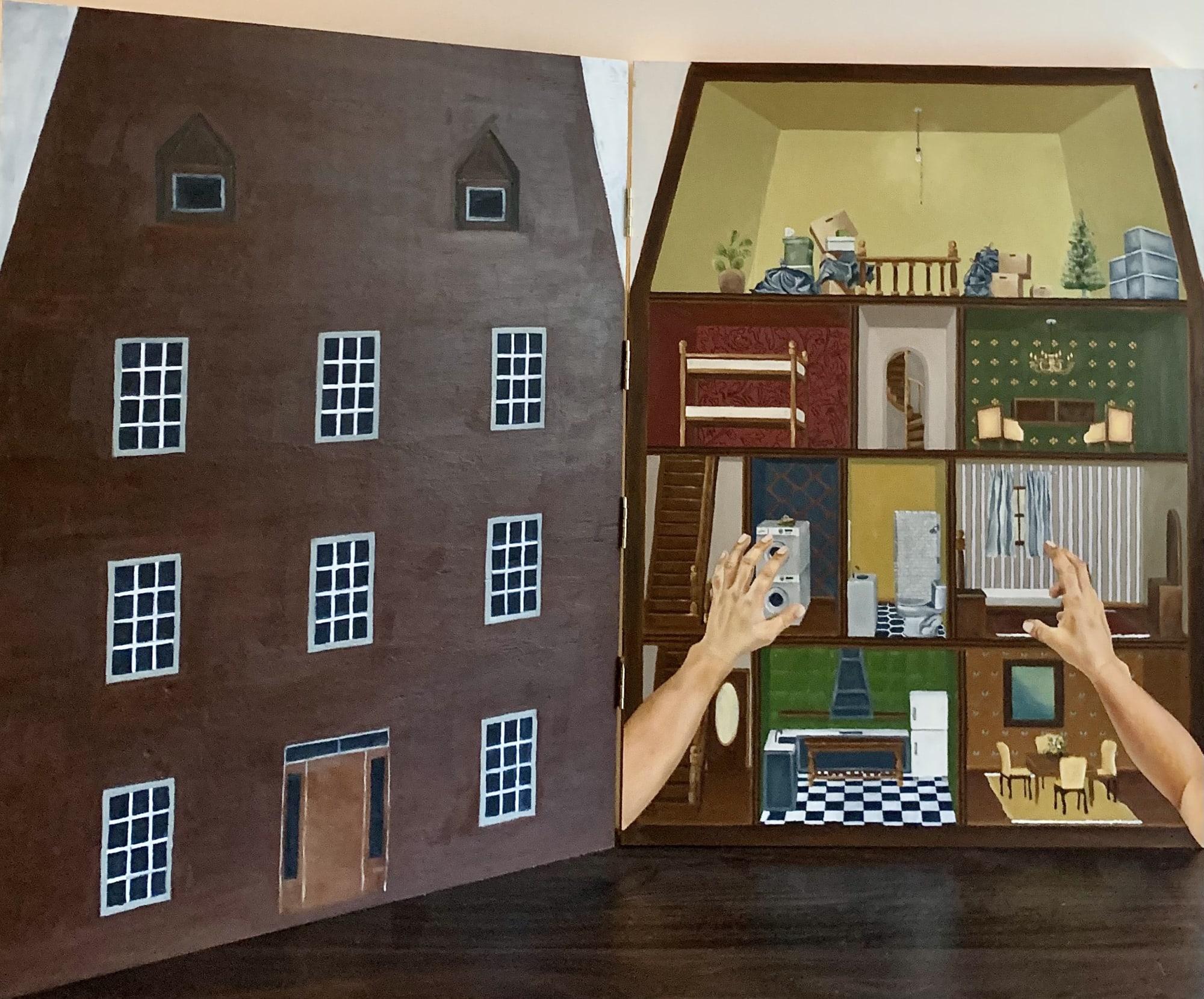 Molly Rouzie Playing Pretend, 2022 Oil on wood panel, plywood and canvas paper, hinges 40 x 30 x 32.5 in.