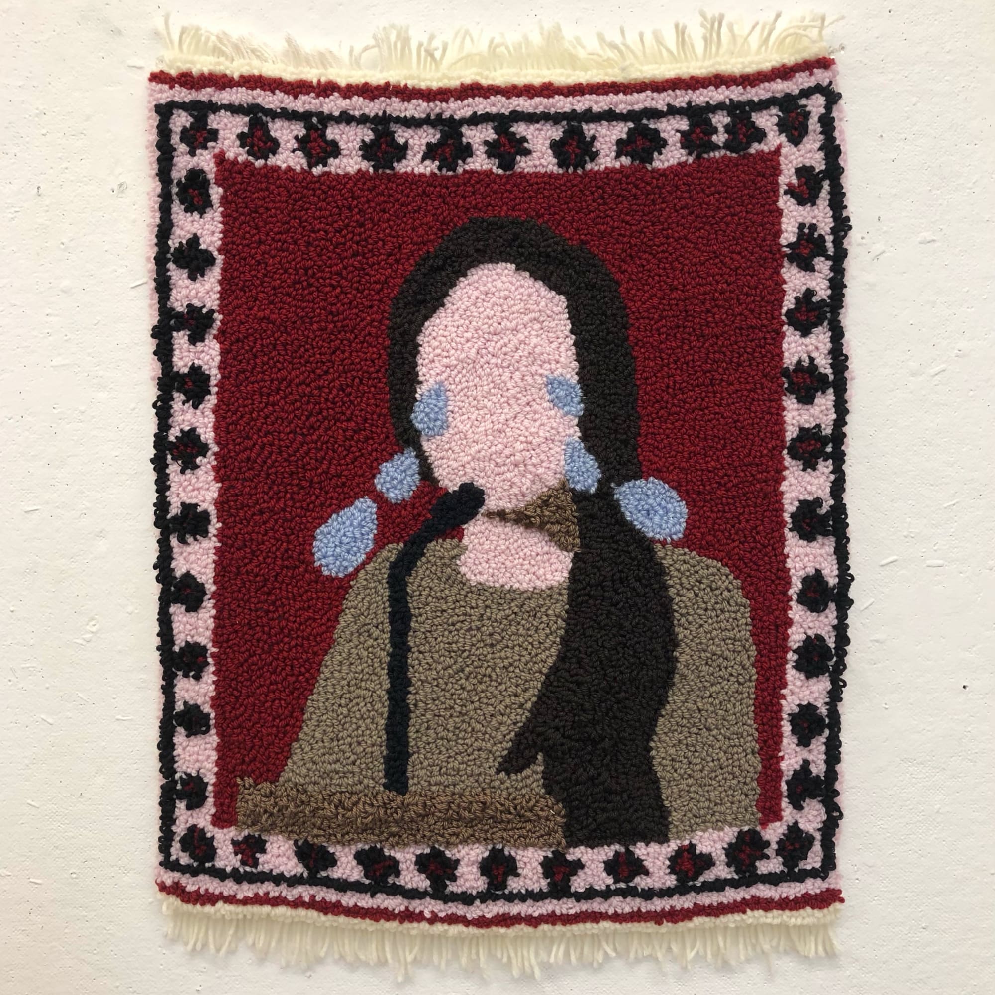 Virginia Cannella Me crying in court, 2022 Hand-tufted yarn on tobacco cloth 24 x 20 in.