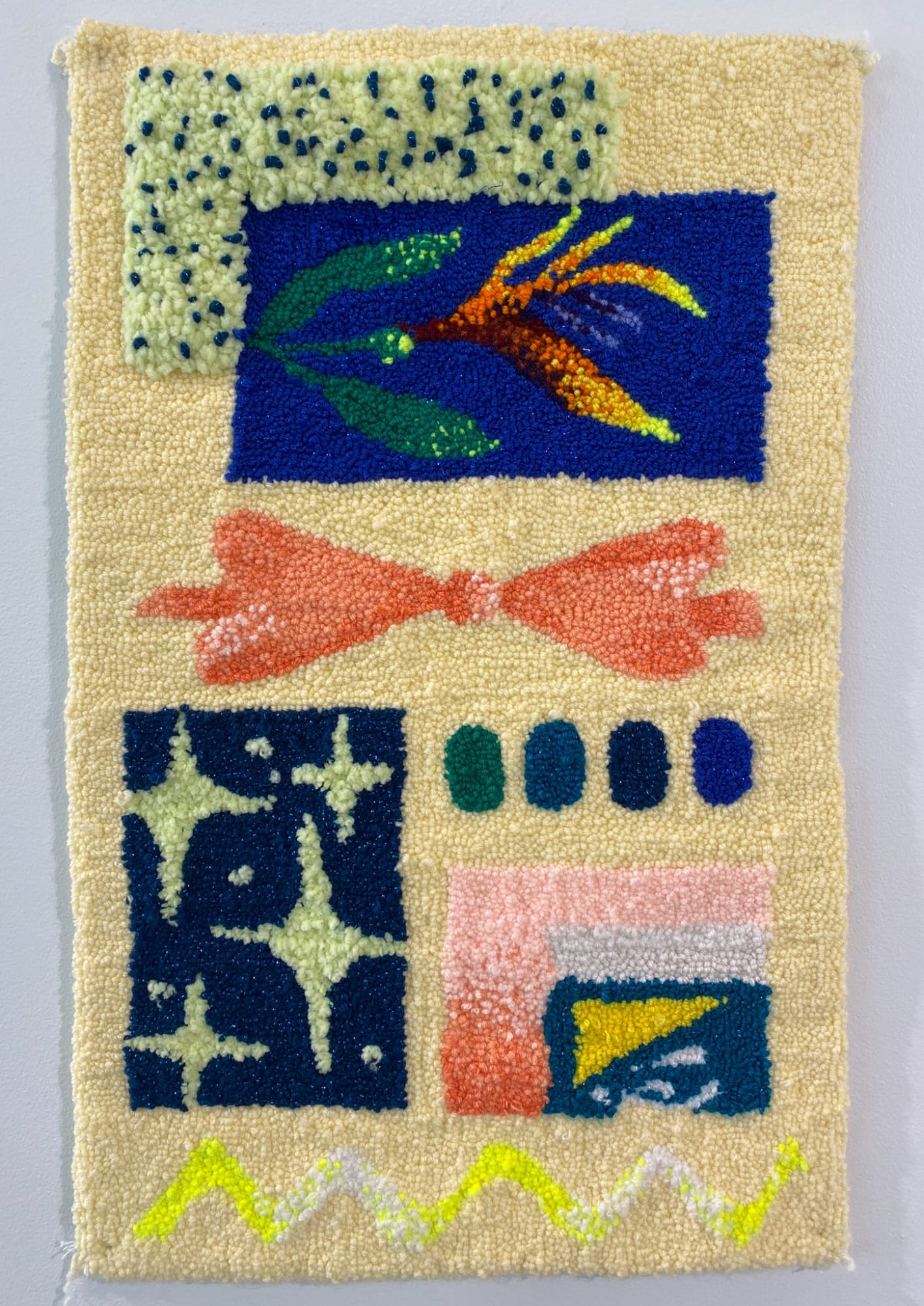 Aliyah Salmon The Blue Magic on My Scalp Helped Me Sleep at Night, 2022 Acrylic, wool and glow in the dark yarn on monks cloth 26.5 x 16.5 in.