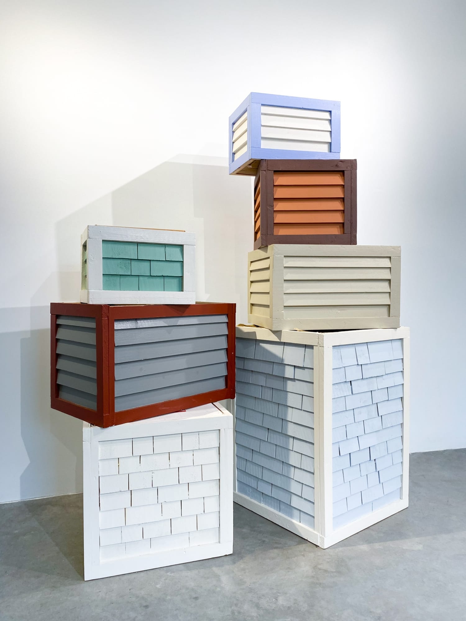 Gus Williams Moving Boxes (Stack), 2022 Shingles/ Clapboards, plywood, trim board, card board boxes, house paint 68 x 22.25 in.