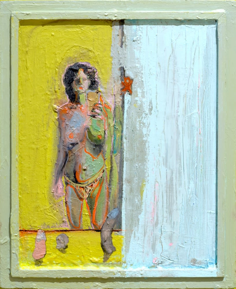 Katherine Wildman swmp-slv, 2019 Oil and house paint on wood 16 5/8 x 13 5/8 in. $ 2,800