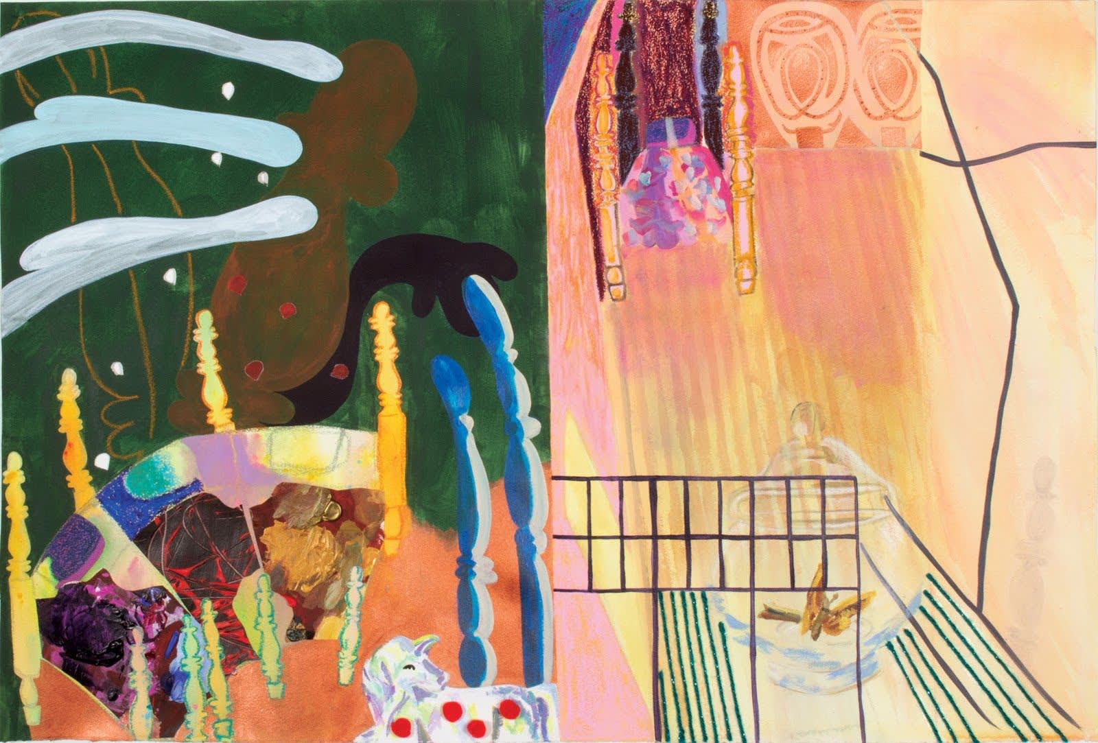 Marie Wheeler No Peace From Dreams, 2019 Acrylic, oil pastel, acrylic collage, pom poms, and yarn on paper 24 in. x 36 in. $ 680